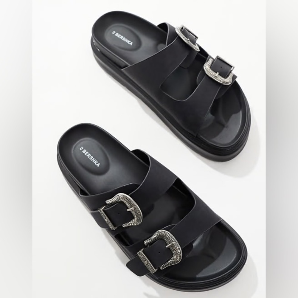 Black Slides with Metallic Buckles